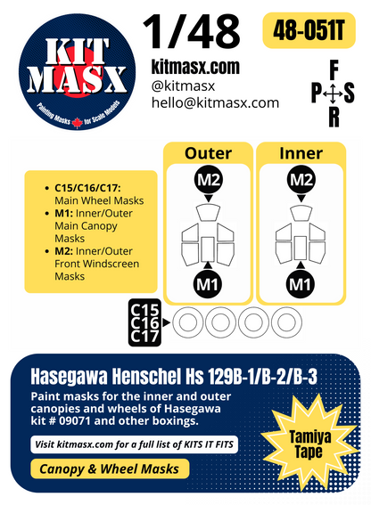 Hasegawa Henschel Hs 129B-1/B-2/B-3 1/48 Canopy & Wheel Paint Masks, Kit # 09071