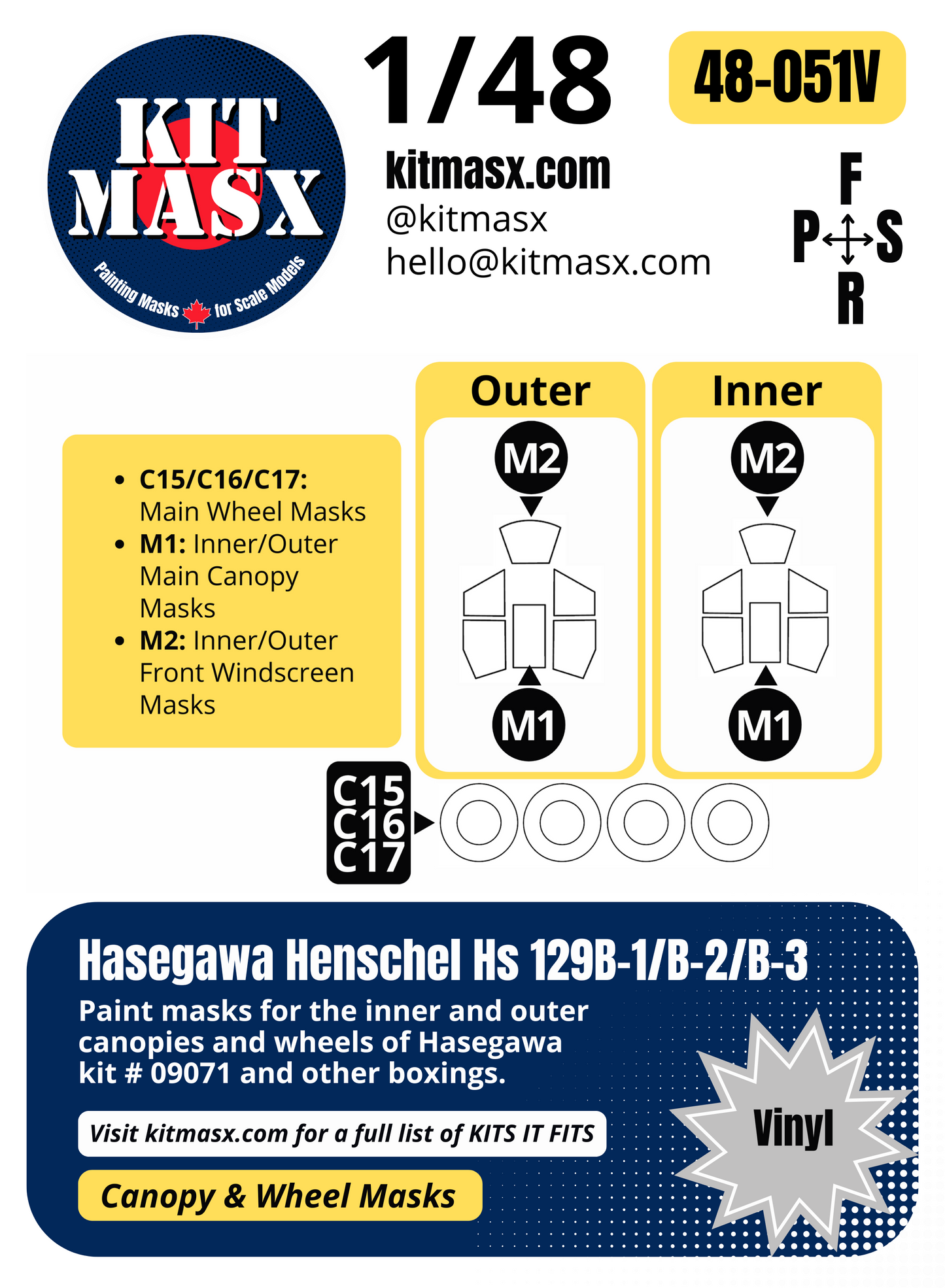 Hasegawa Henschel Hs 129B-1/B-2/B-3 1/48 Canopy & Wheel Paint Masks, Kit # 09071
