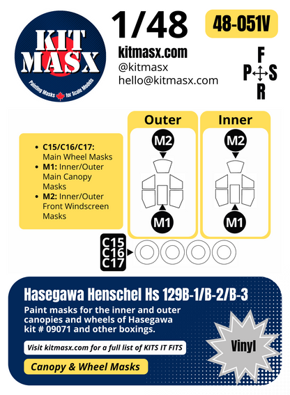 Hasegawa Henschel Hs 129B-1/B-2/B-3 1/48 Canopy & Wheel Paint Masks, Kit # 09071