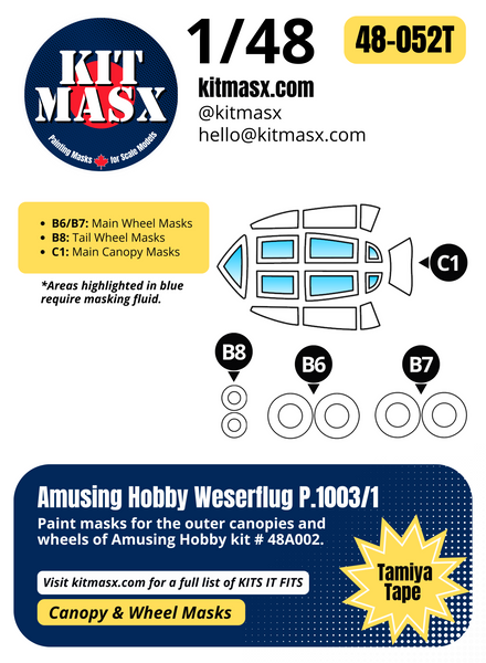 Amusing Hobby Weserflug P.1003/1 1/48 Canopy & Wheel Paint Masks, Kit # 48A002