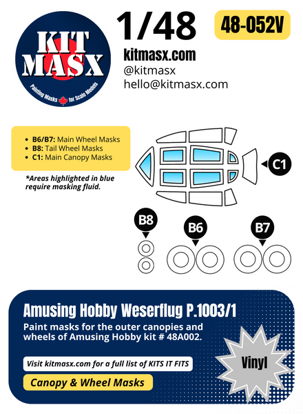 Amusing Hobby Weserflug P.1003/1 1/48 Canopy & Wheel Paint Masks, Kit # 48A002