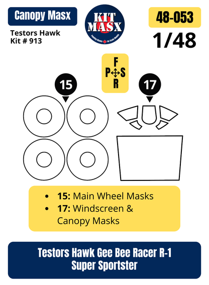 Testors Hawk Gee Bee Racer R-1 Super Sportster 1/48 Canopy & Wheel Paint Masks, Kit # 913 (48053)