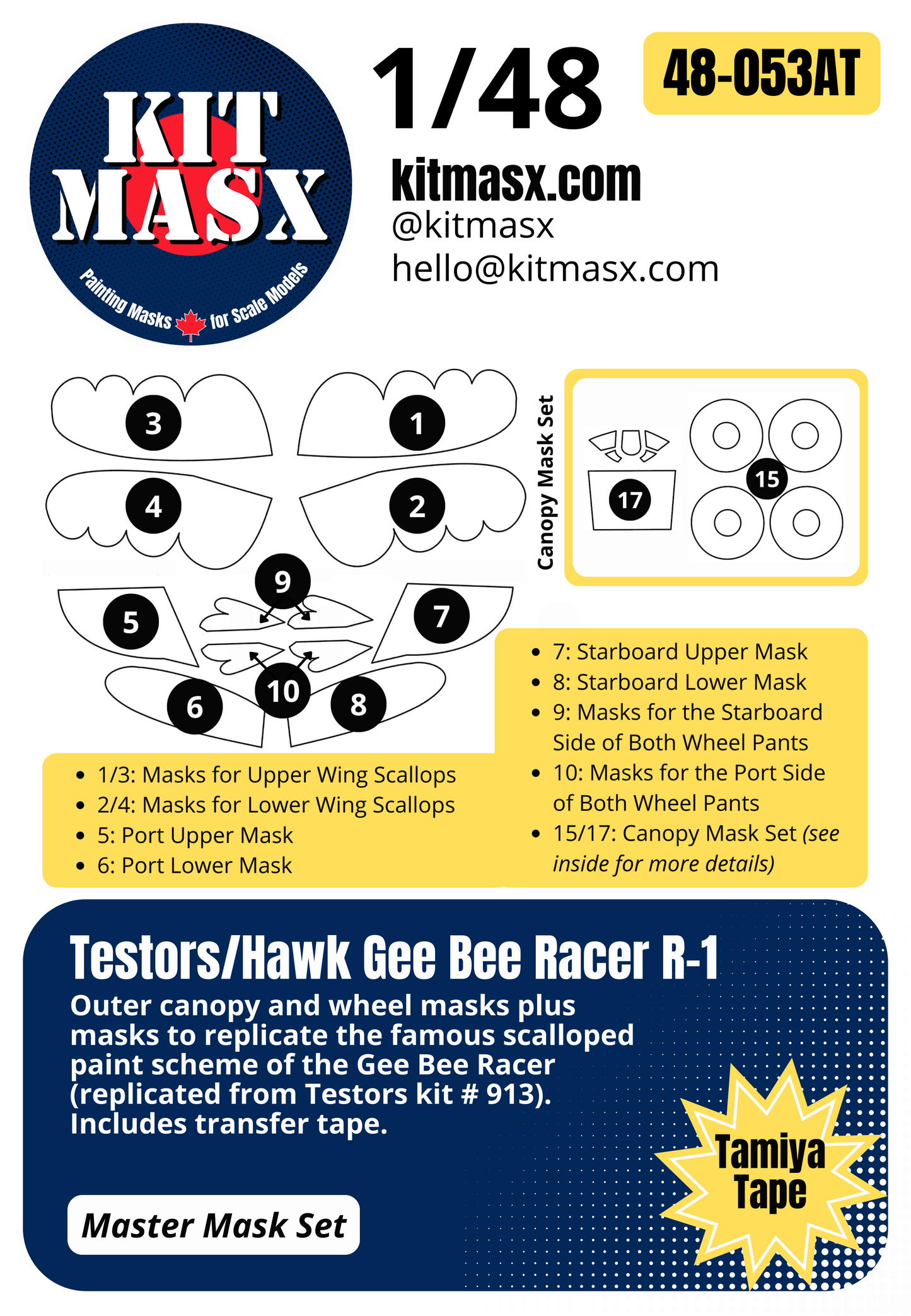 Testors Hawk Gee Bee Racer R-1 Super Sportster 1/48 Canopy & Main Marking Paint Masks, Kit # 913