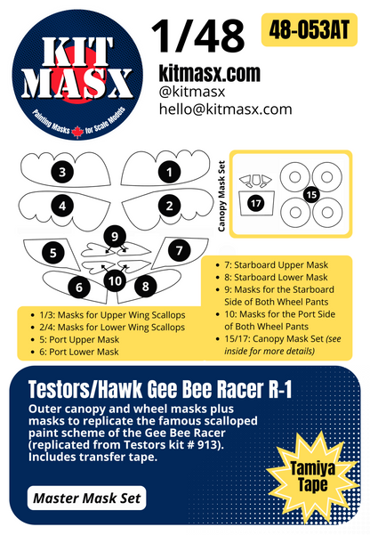 Testors Hawk Gee Bee Racer R-1 Super Sportster 1/48 Canopy & Main Marking Paint Masks, Kit # 913