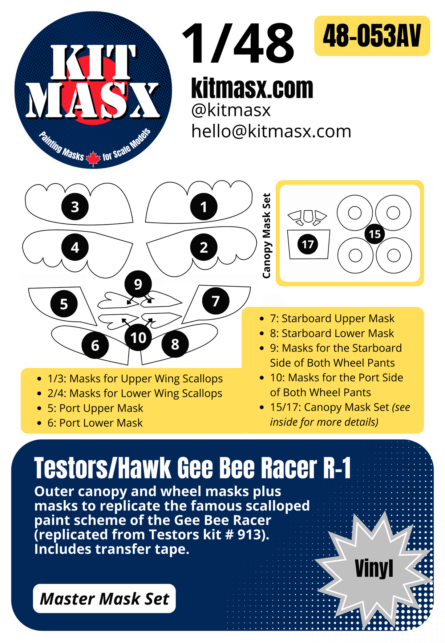 Testors Hawk Gee Bee Racer R-1 Super Sportster 1/48 Canopy & Main Marking Paint Masks, Kit # 913