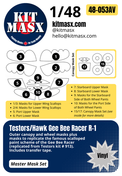 Testors Hawk Gee Bee Racer R-1 Super Sportster 1/48 Canopy & Main Marking Paint Masks, Kit # 913