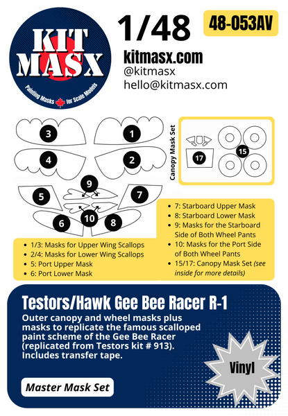 Testors/Hawk Gee Bee Racer R-1 1/48 Canopy & Main Marking Paint Masks