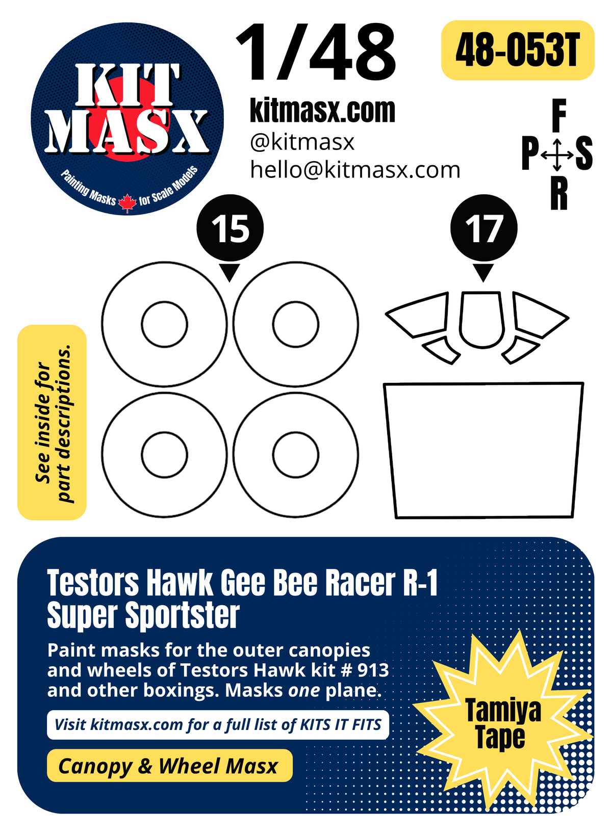 Testors Hawk Gee Bee Racer R-1 Super Sportster 1/48 Canopy & Wheel Paint Masks, Kit # 913 (48053)