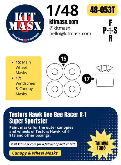 Testors Hawk Gee Bee Racer R-1 Super Sportster 1/48 Canopy & Main Marking Paint Masks, Kit # 913