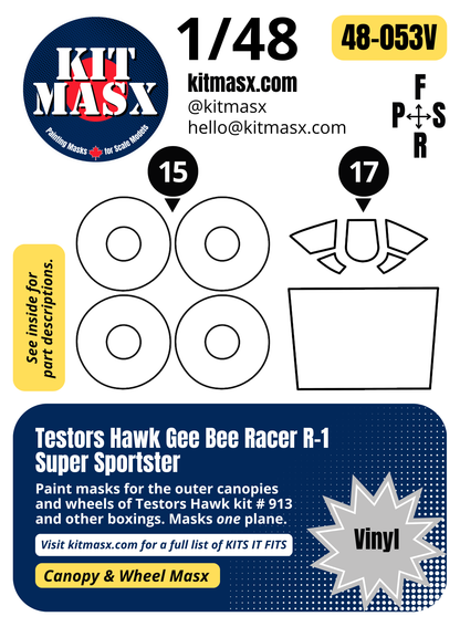 Testors Hawk Gee Bee Racer R-1 Super Sportster 1/48 Canopy & Wheel Paint Masks, Kit # 913 (48053)