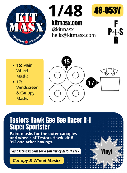 Testors Hawk Gee Bee Racer R-1 Super Sportster 1/48 Canopy & Main Marking Paint Masks, Kit # 913