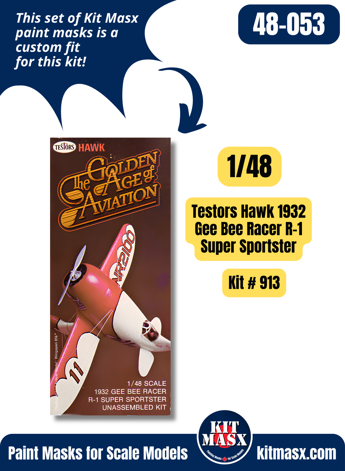 Testors Hawk Gee Bee Racer R-1 Super Sportster 1/48 Canopy & Wheel Paint Masks, Kit # 913 (48053)
