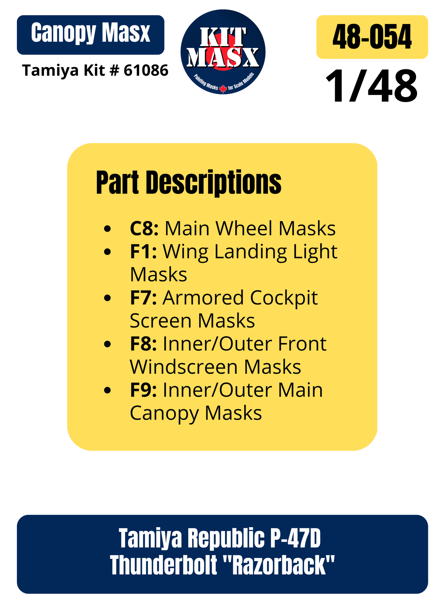 Tamiya Republic P-47D Thunderbolt "Razorback" 1/48 Canopy & Wheel Paint Masks, Kit # 61086 (48054)