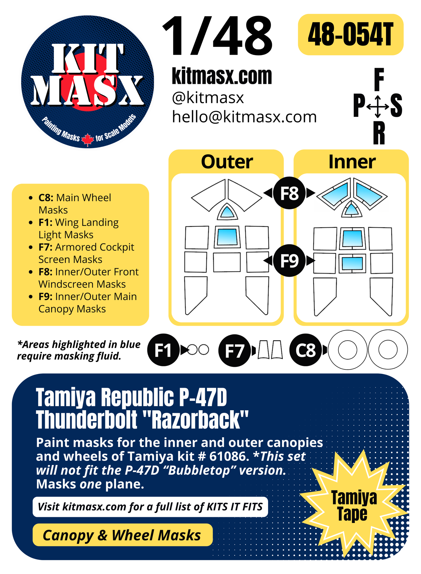 Tamiya Republic P-47D Thunderbolt "Razorback" 1/48 Canopy & Wheel Paint Masks, Kit # 61086