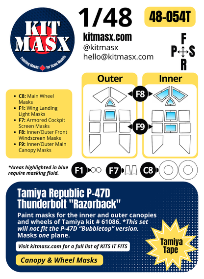 Tamiya Republic P-47D Thunderbolt "Razorback" 1/48 Canopy & Wheel Paint Masks, Kit # 61086