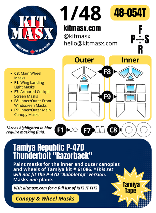 Tamiya Republic P-47D Thunderbolt "Razorback" 1/48 Canopy & Wheel Paint Masks, Kit # 61086