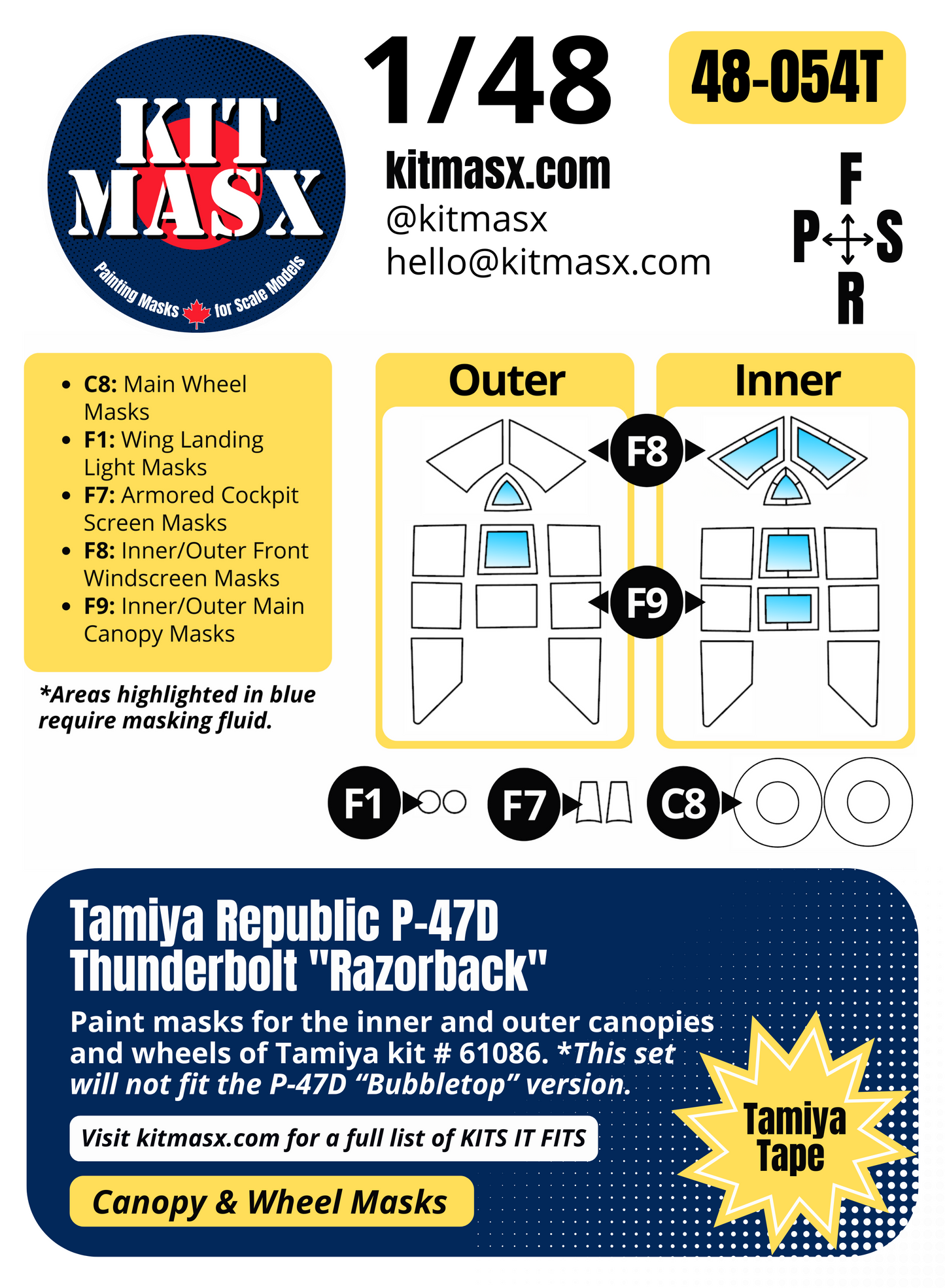Tamiya Republic P-47D Thunderbolt "Razorback" 1/48 Canopy & Wheel Paint Masks, Kit # 61086