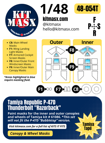 Tamiya Republic P-47D Thunderbolt "Razorback" 1/48 Canopy & Wheel Paint Masks, Kit # 61086