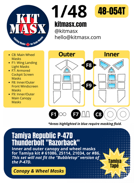 Tamiya Republic P-47D Thunderbolt "Razorback" 1/48 Canopy & Wheel Paint Masks