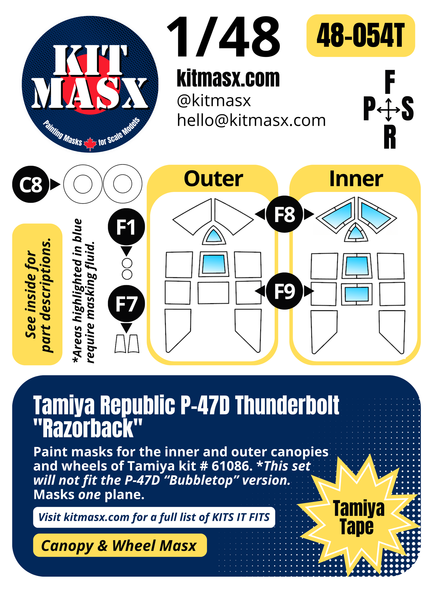 Tamiya Republic P-47D Thunderbolt "Razorback" 1/48 Canopy & Wheel Paint Masks, Kit # 61086 (48054)