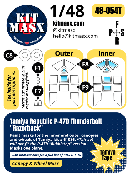 Tamiya Republic P-47D Thunderbolt "Razorback" 1/48 Canopy & Wheel Paint Masks, Kit # 61086 (48054)