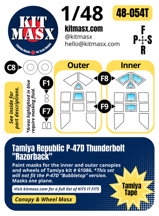 Tamiya Republic P-47D Thunderbolt "Razorback" 1/48 Canopy & Wheel Paint Masks, Kit # 61086 (48054)