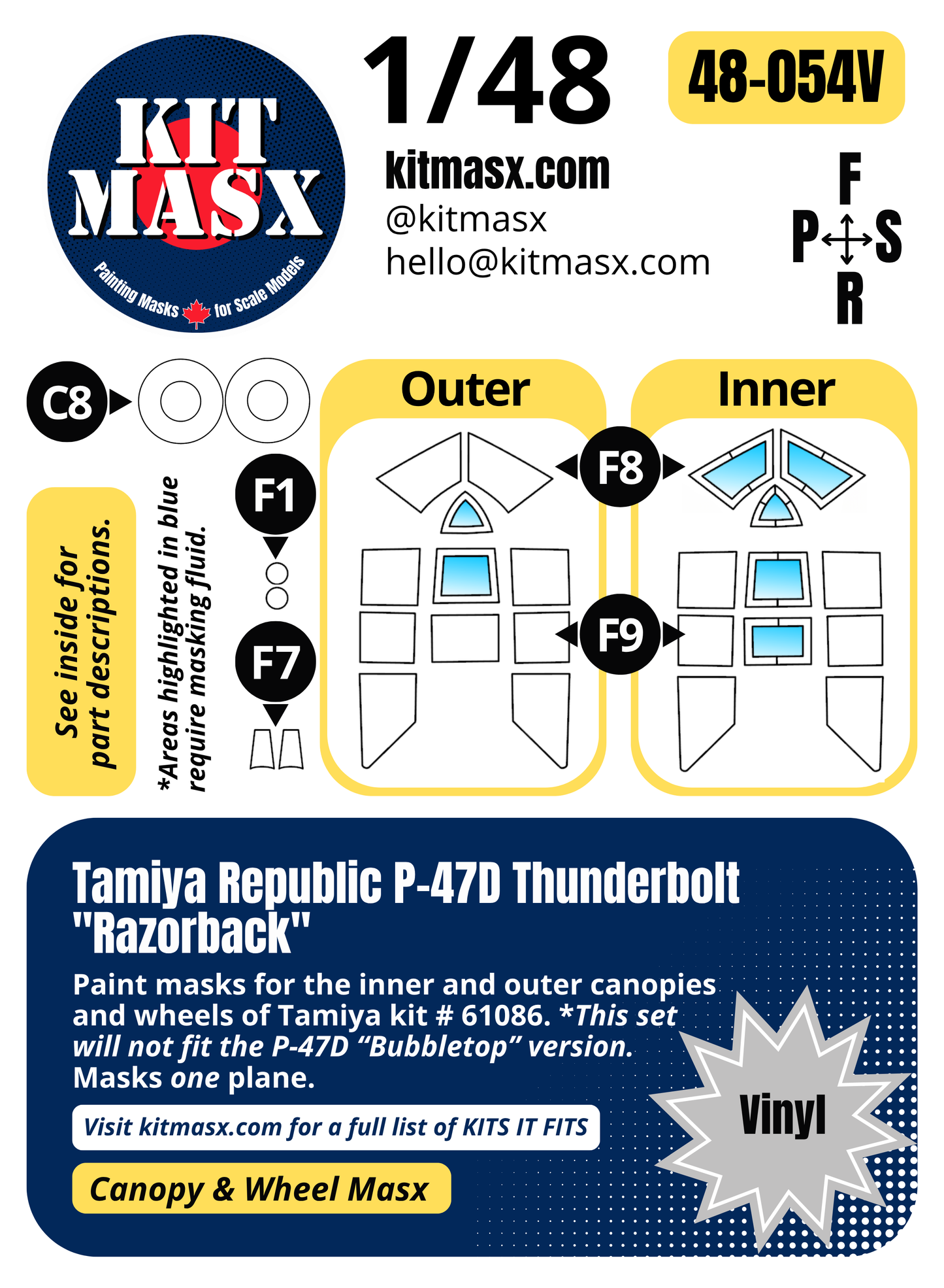 Tamiya Republic P-47D Thunderbolt "Razorback" 1/48 Canopy & Wheel Paint Masks, Kit # 61086 (48054)