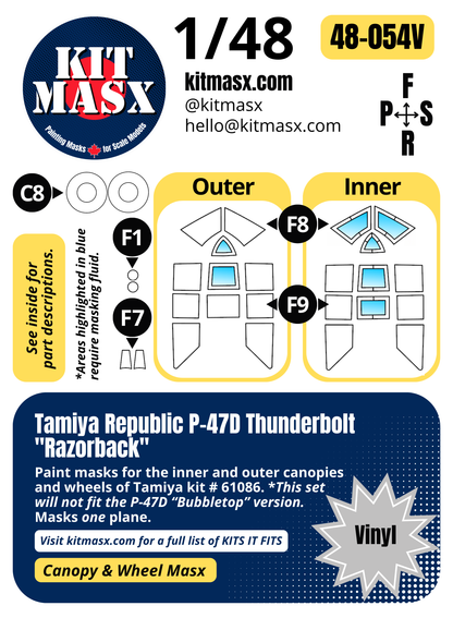 Tamiya Republic P-47D Thunderbolt "Razorback" 1/48 Canopy & Wheel Paint Masks, Kit # 61086 (48054)