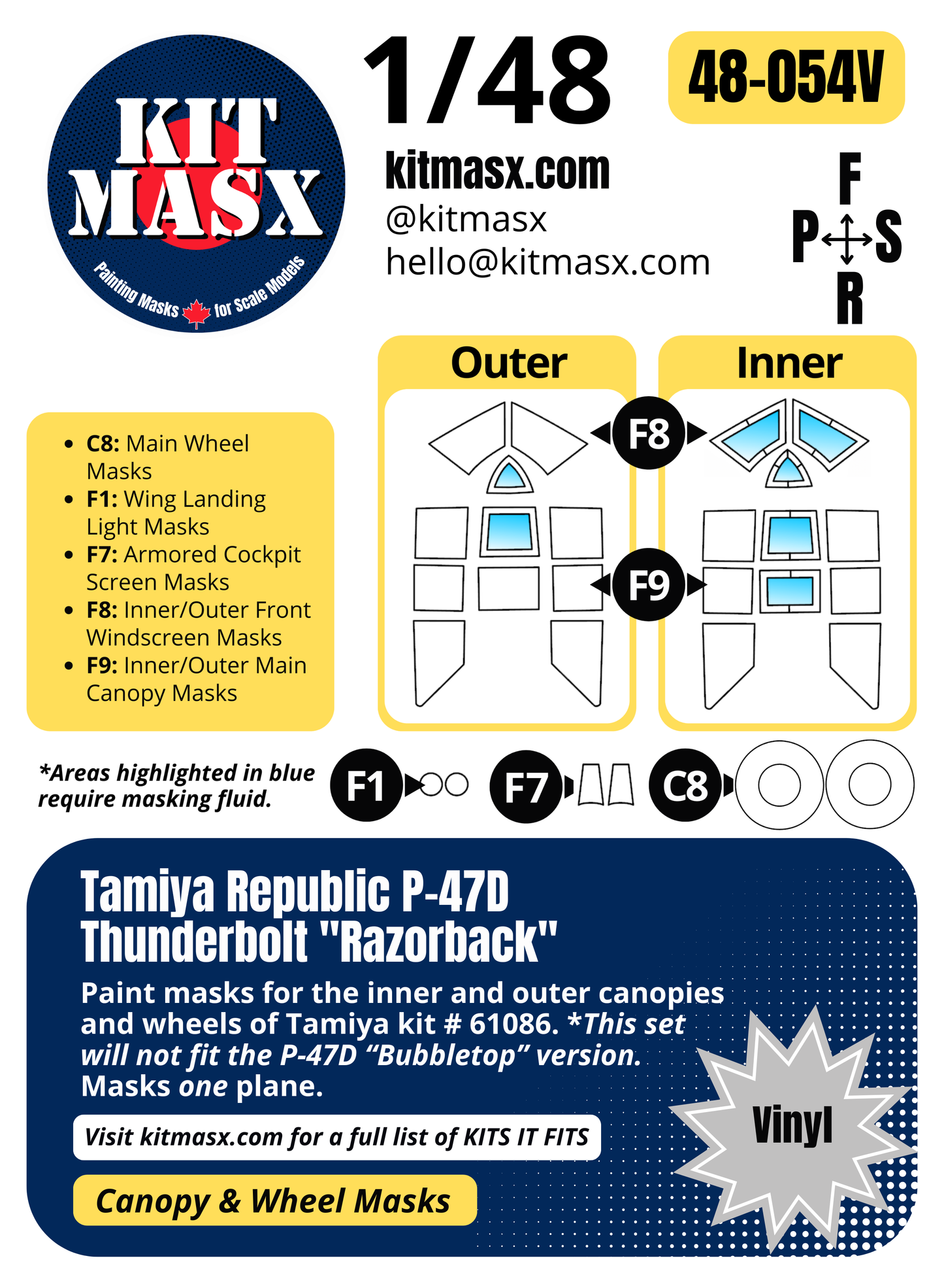 Tamiya Republic P-47D Thunderbolt "Razorback" 1/48 Canopy & Wheel Paint Masks, Kit # 61086