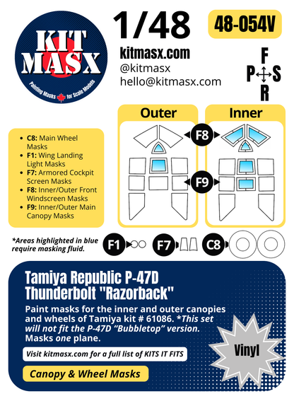 Tamiya Republic P-47D Thunderbolt "Razorback" 1/48 Canopy & Wheel Paint Masks, Kit # 61086
