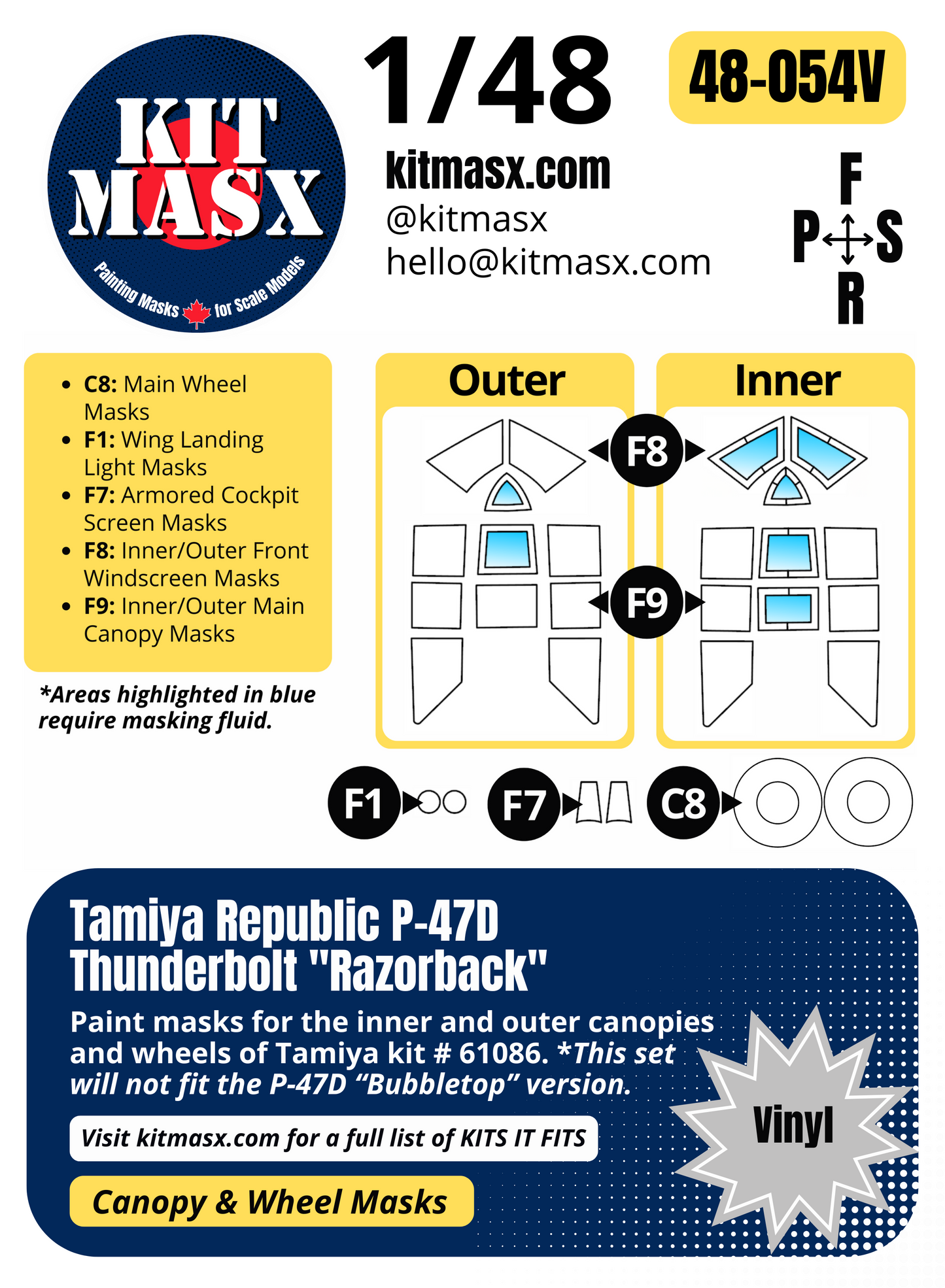 Tamiya Republic P-47D Thunderbolt "Razorback" 1/48 Canopy & Wheel Paint Masks, Kit # 61086