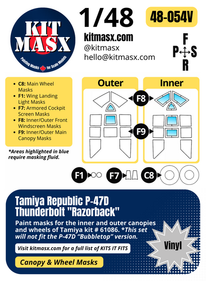 Tamiya Republic P-47D Thunderbolt "Razorback" 1/48 Canopy & Wheel Paint Masks, Kit # 61086