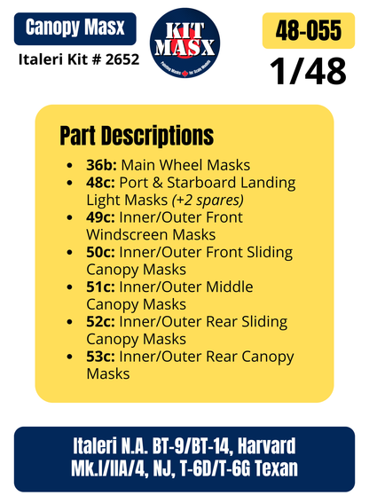 Italeri N.A. BT-9/BT-14, Harvard Mk.I/Mk.IIA/Mk.4, NJ, T-6D/T-6G Texan 1/48 Canopy & Wheel Paint Masks, Kit # 2652 (48055)