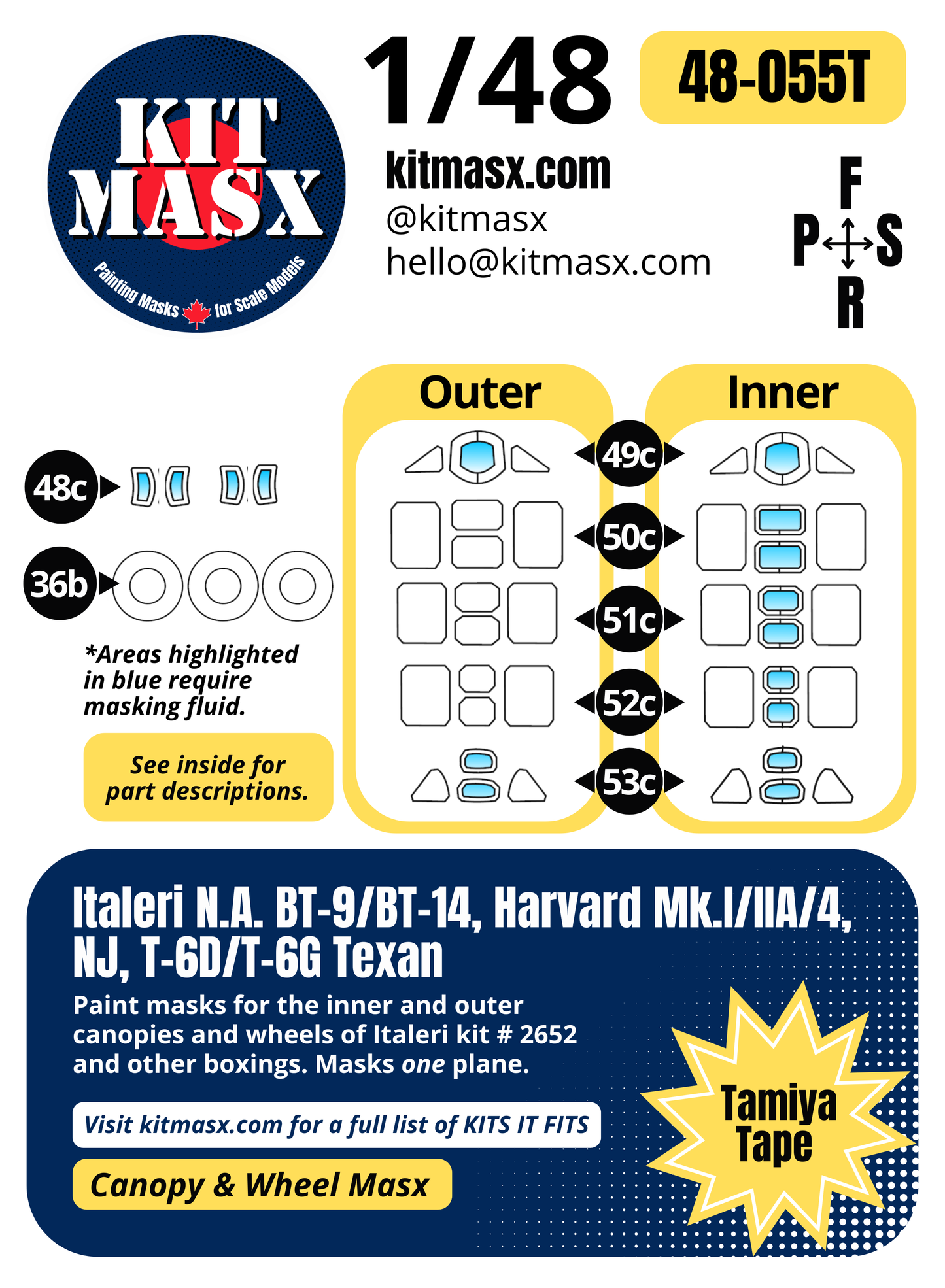 Italeri N.A. BT-9/BT-14, Harvard Mk.I/Mk.IIA/Mk.4, NJ, T-6D/T-6G Texan 1/48 Canopy & Wheel Paint Masks, Kit # 2652 (48055)