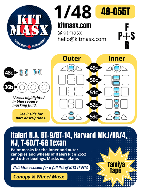 Italeri N.A. BT-9/BT-14, Harvard Mk.I/Mk.IIA/Mk.4, NJ, T-6D/T-6G Texan 1/48 Canopy & Wheel Paint Masks, Kit # 2652 (48055)