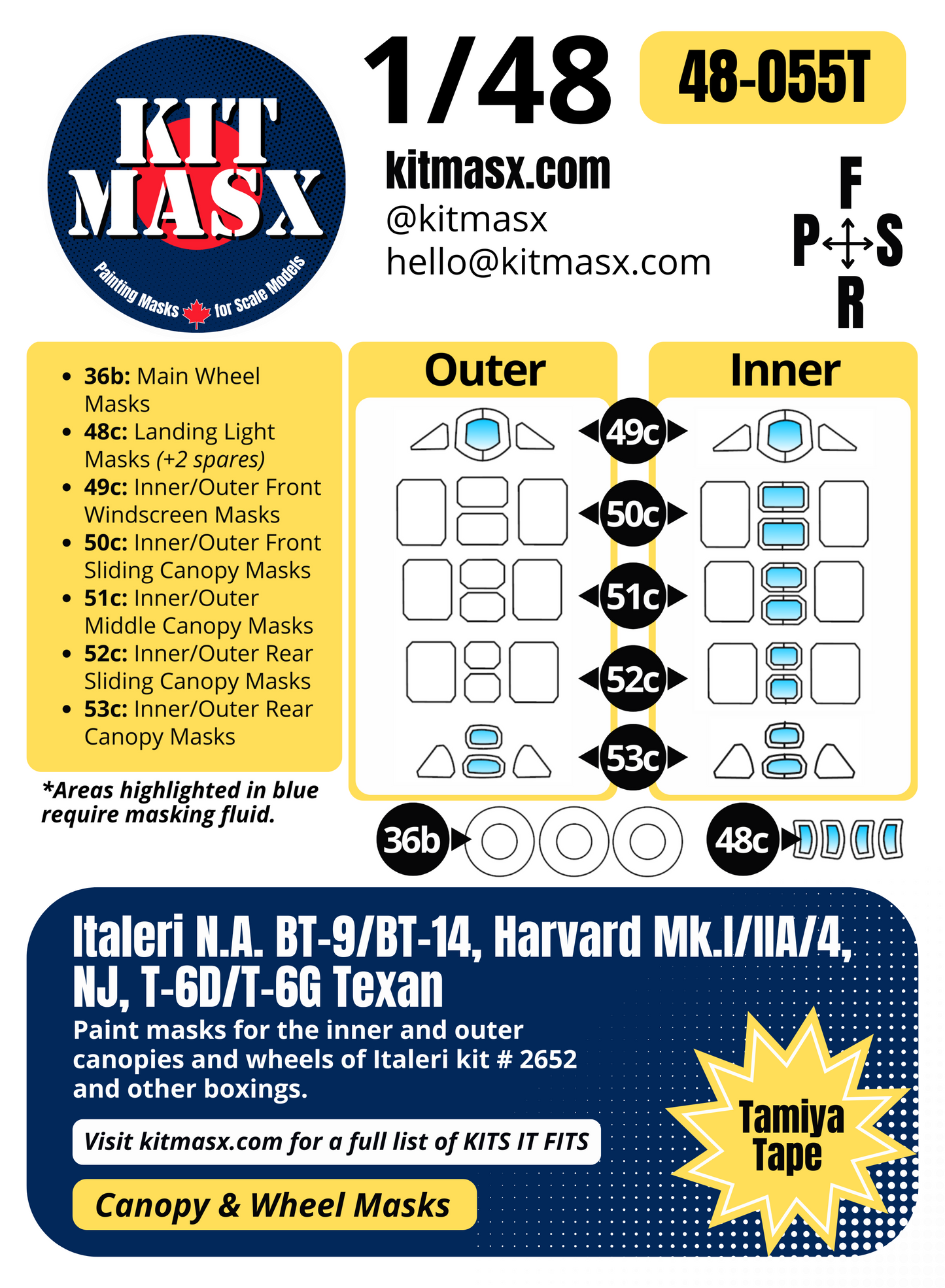 Italeri N.A. BT-9/BT-14, Harvard Mk.I/Mk.IIA/Mk.4, NJ, T-6D/T-6G Texan 1/48 Canopy & Wheel Paint Masks, Kit # 2652