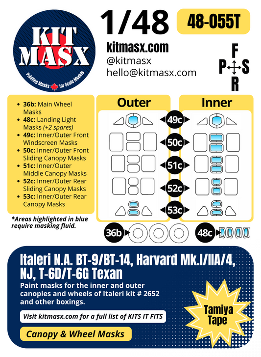 Italeri N.A. BT-9/BT-14, Harvard Mk.I/Mk.IIA/Mk.4, NJ, T-6D/T-6G Texan 1/48 Canopy & Wheel Paint Masks, Kit # 2652