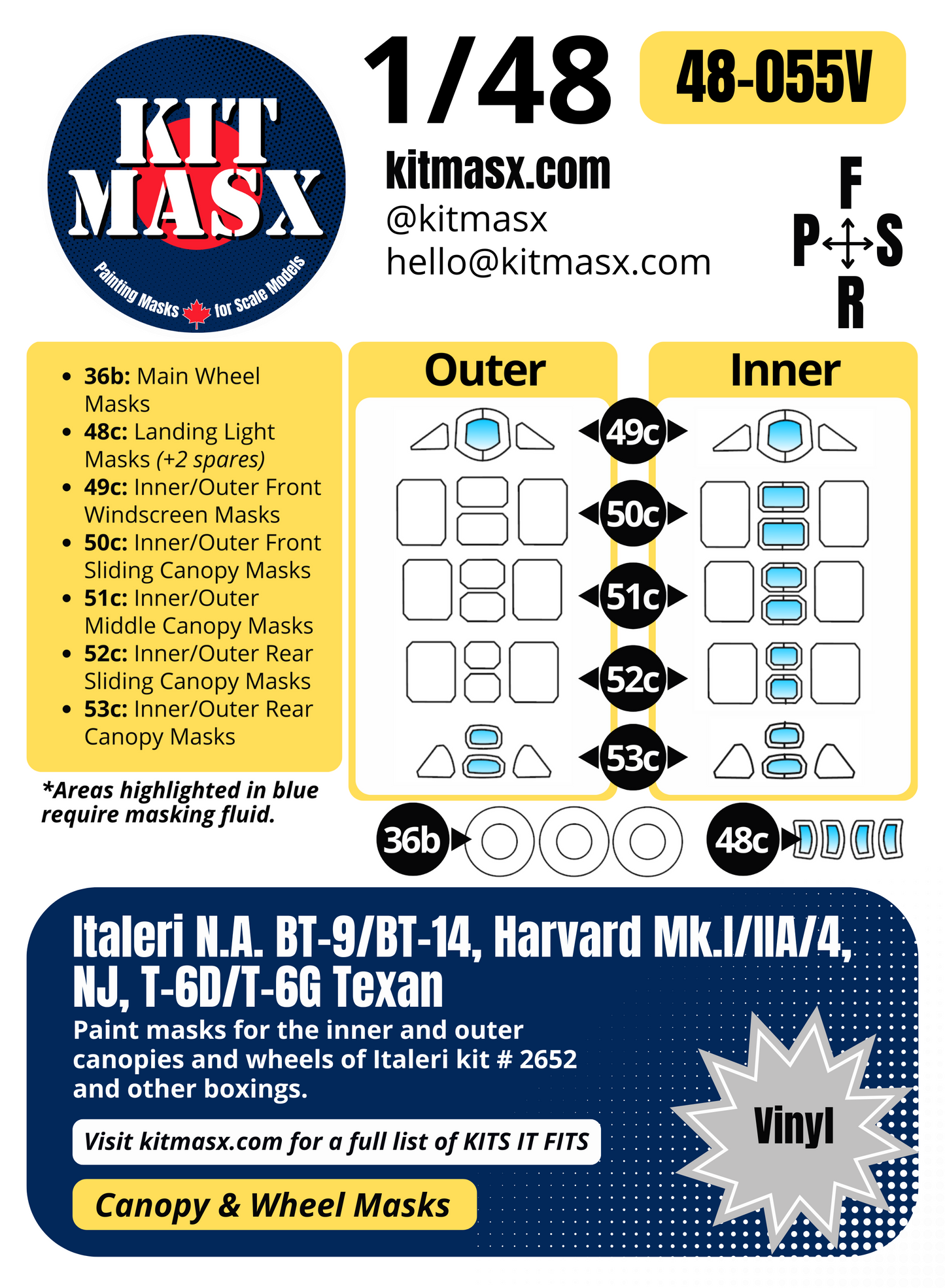 Italeri N.A. BT-9/BT-14, Harvard Mk.I/Mk.IIA/Mk.4, NJ, T-6D/T-6G Texan 1/48 Canopy & Wheel Paint Masks, Kit # 2652