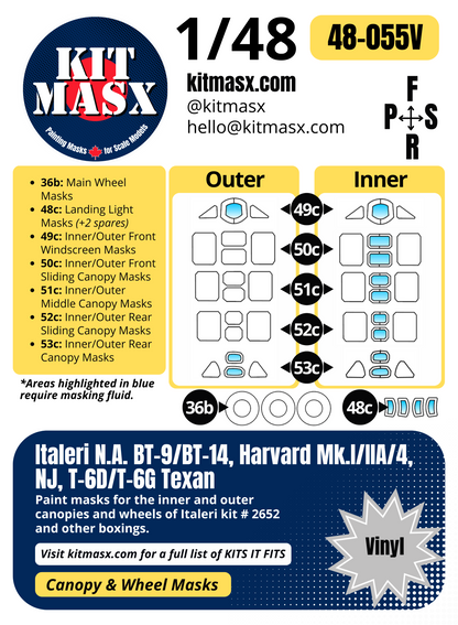 Italeri N.A. BT-9/BT-14, Harvard Mk.I/Mk.IIA/Mk.4, NJ, T-6D/T-6G Texan 1/48 Canopy & Wheel Paint Masks, Kit # 2652
