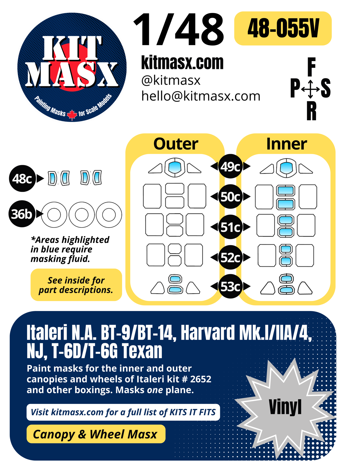 Italeri N.A. BT-9/BT-14, Harvard Mk.I/Mk.IIA/Mk.4, NJ, T-6D/T-6G Texan 1/48 Canopy & Wheel Paint Masks, Kit # 2652 (48055)