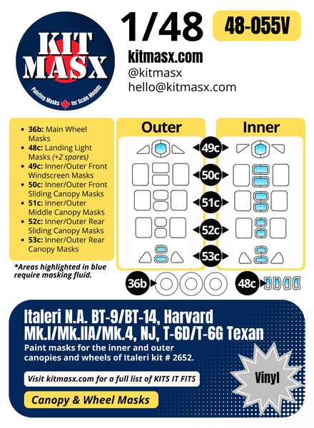 Italeri N.A. BT-9/BT-14, Harvard Mk.I/Mk.IIA/Mk.4, NJ, T-6D/T-6G Texan 1/48 Canopy & Wheel Paint Masks, Kit # 2652