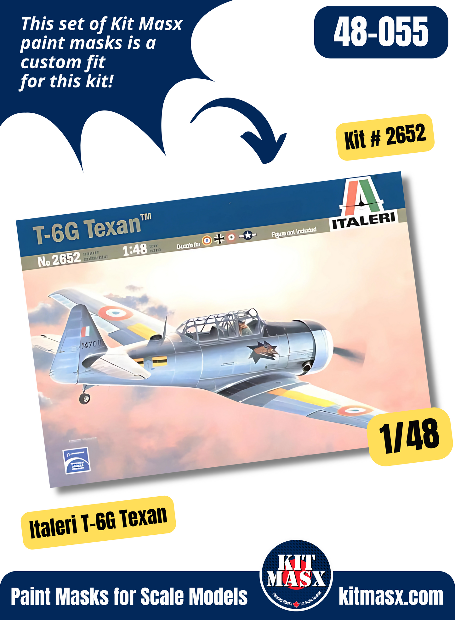 Italeri N.A. BT-9/BT-14, Harvard Mk.I/Mk.IIA/Mk.4, NJ, T-6D/T-6G Texan 1/48 Canopy & Wheel Paint Masks, Kit # 2652