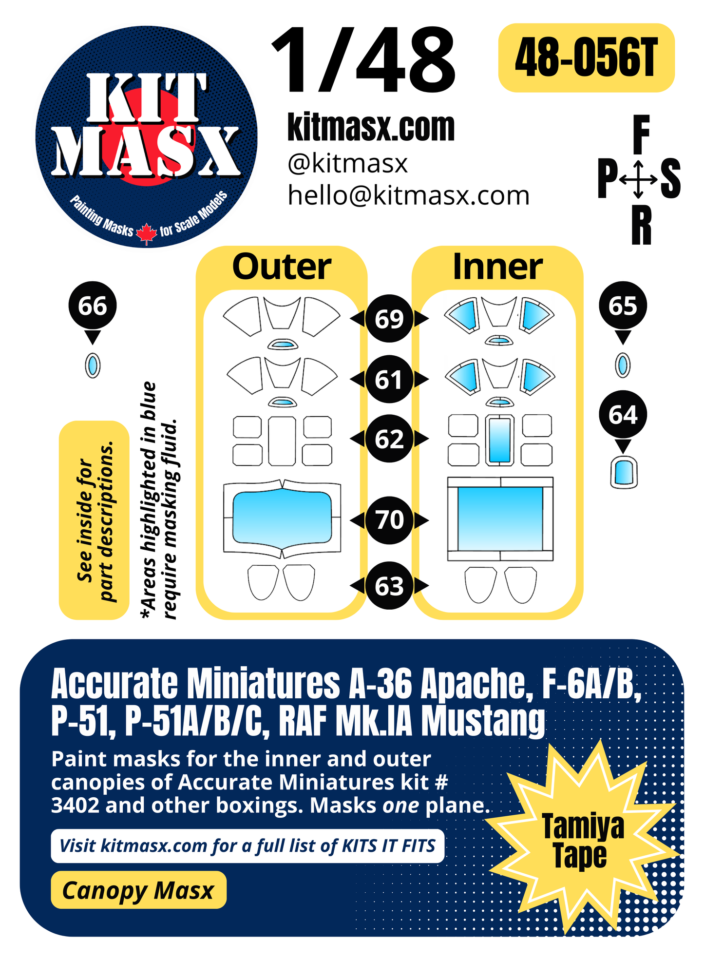 Accurate Miniatures A-36 Apache, F-6A/B, P-51, P-51A/B/C, RAF Mk.IA Mustang 1/48 Canopy Paint Masks, Kit # 3402 (48056)