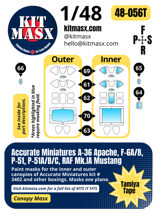 Accurate Miniatures A-36 Apache, F-6A/B, P-51, P-51A/B/C, RAF Mk.IA Mustang 1/48 Canopy Paint Masks, Kit # 3402 (48056)
