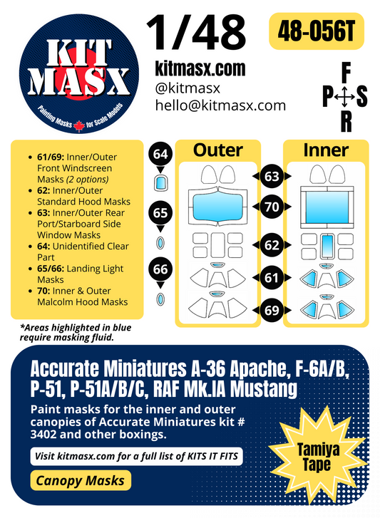 Accurate Miniatures A-36 Apache, F-6A/B, P-51, P-51A/B/C, RAF Mk.IA Mustang 1/48 Canopy Paint Masks, Kit # 3402