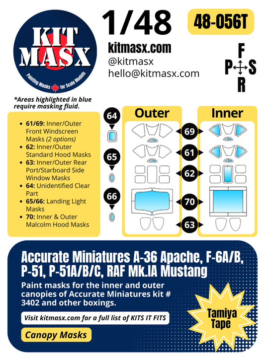 Accurate Miniatures A-36 Apache, F-6A/B, P-51, P-51A/B/C, RAF Mk.IA Mustang 1/48 Canopy Paint Masks, Kit # 3402