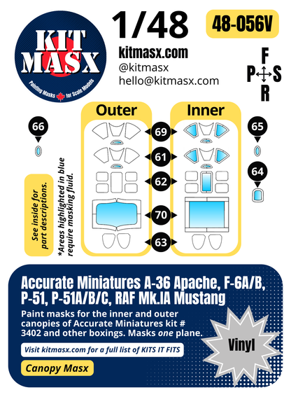 Accurate Miniatures A-36 Apache, F-6A/B, P-51, P-51A/B/C, RAF Mk.IA Mustang 1/48 Canopy Paint Masks, Kit # 3402 (48056)
