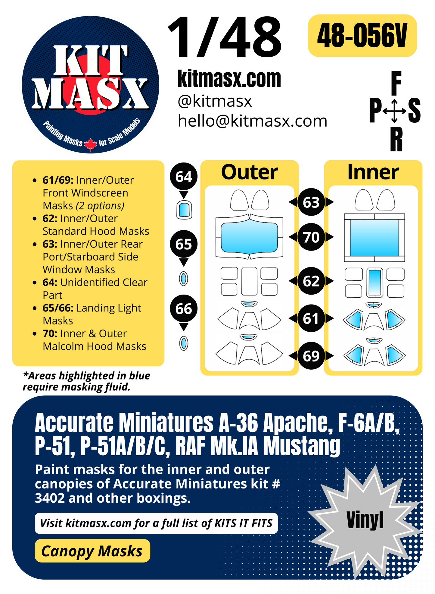 Accurate Miniatures A-36 Apache, F-6A/B, P-51, P-51A/B/C, RAF Mk.IA Mustang 1/48 Canopy Paint Masks, Kit # 3402