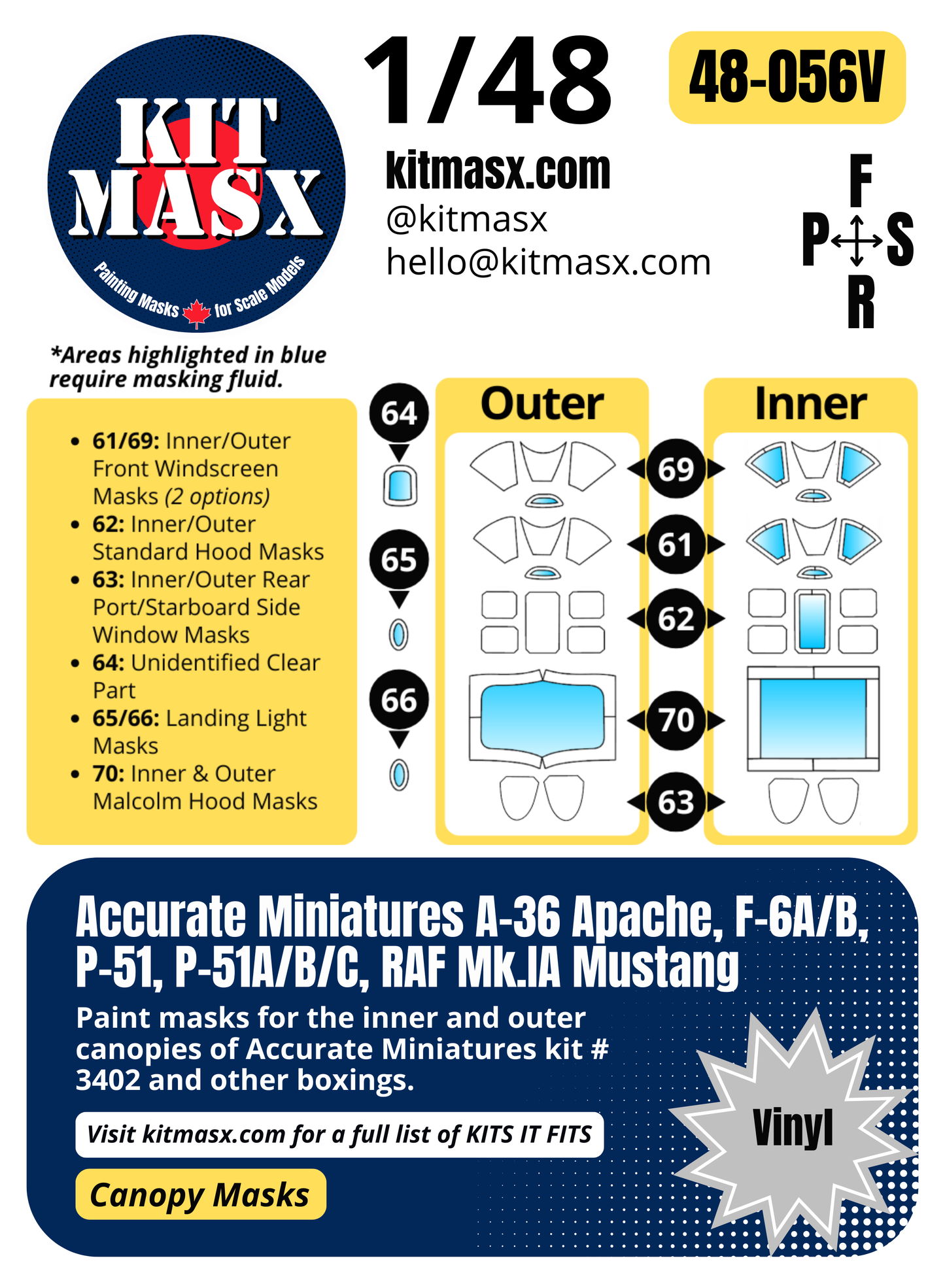 Accurate Miniatures A-36 Apache, F-6A/B, P-51, P-51A/B/C, RAF Mk.IA Mustang 1/48 Canopy Paint Masks, Kit # 3402