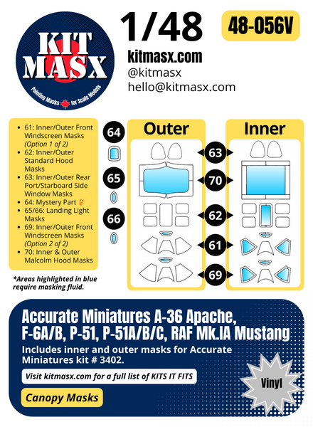 Accurate Miniatures A-36 Apache, F-6A/B, P-51, P-51A/B/C, RAF Mk.IA Mustang 1/48 Canopy Paint Masks, Kit # 3402